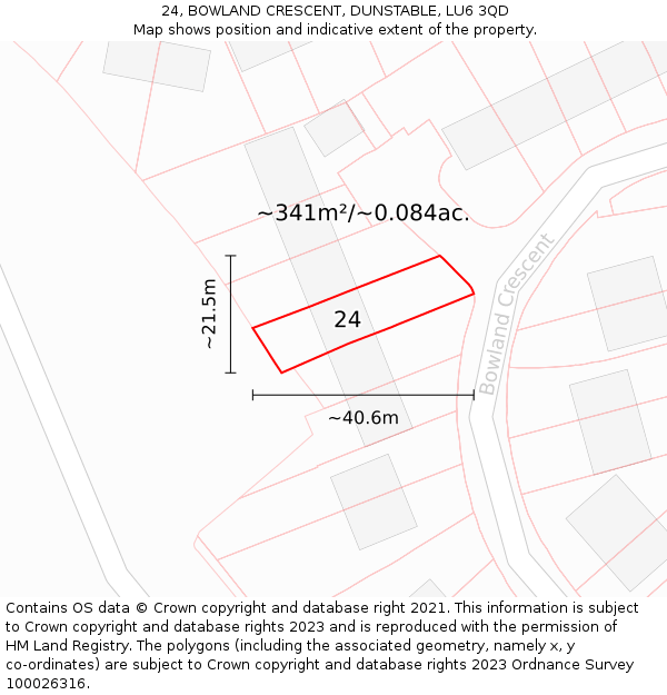 24, BOWLAND CRESCENT, DUNSTABLE, LU6 3QD: Plot and title map