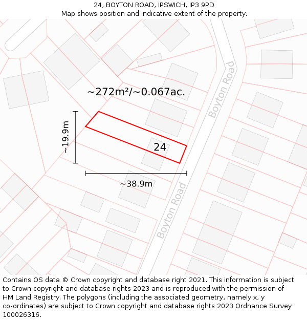 24, BOYTON ROAD, IPSWICH, IP3 9PD: Plot and title map