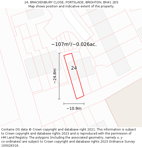 24, BRACKENBURY CLOSE, PORTSLADE, BRIGHTON, BN41 2ES: Plot and title map