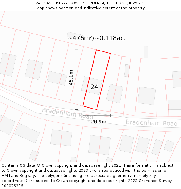 24, BRADENHAM ROAD, SHIPDHAM, THETFORD, IP25 7PH: Plot and title map