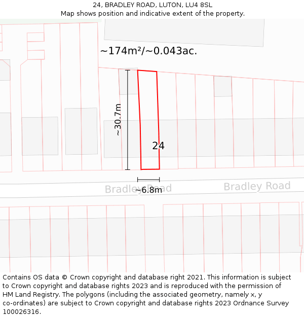 24, BRADLEY ROAD, LUTON, LU4 8SL: Plot and title map