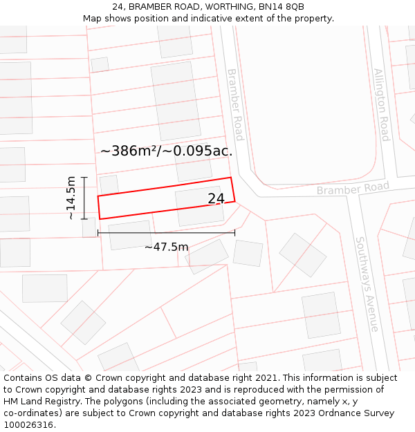 24, BRAMBER ROAD, WORTHING, BN14 8QB: Plot and title map