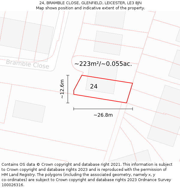24, BRAMBLE CLOSE, GLENFIELD, LEICESTER, LE3 8JN: Plot and title map
