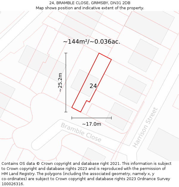 24, BRAMBLE CLOSE, GRIMSBY, DN31 2DB: Plot and title map