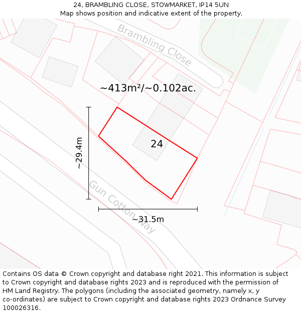 24, BRAMBLING CLOSE, STOWMARKET, IP14 5UN: Plot and title map