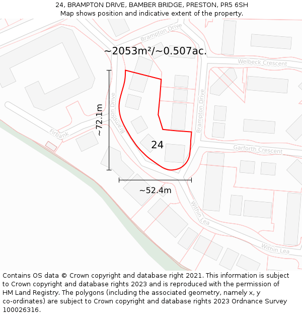 24, BRAMPTON DRIVE, BAMBER BRIDGE, PRESTON, PR5 6SH: Plot and title map