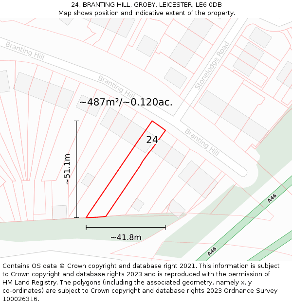 24, BRANTING HILL, GROBY, LEICESTER, LE6 0DB: Plot and title map