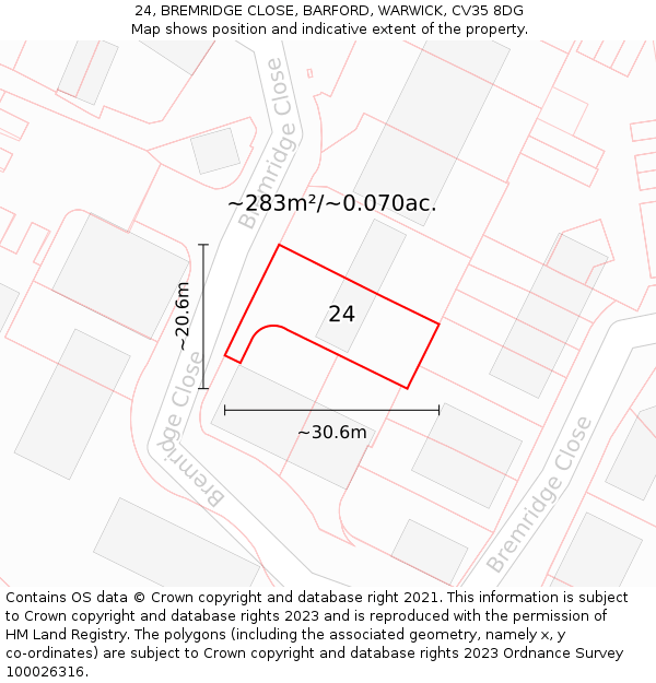 24, BREMRIDGE CLOSE, BARFORD, WARWICK, CV35 8DG: Plot and title map