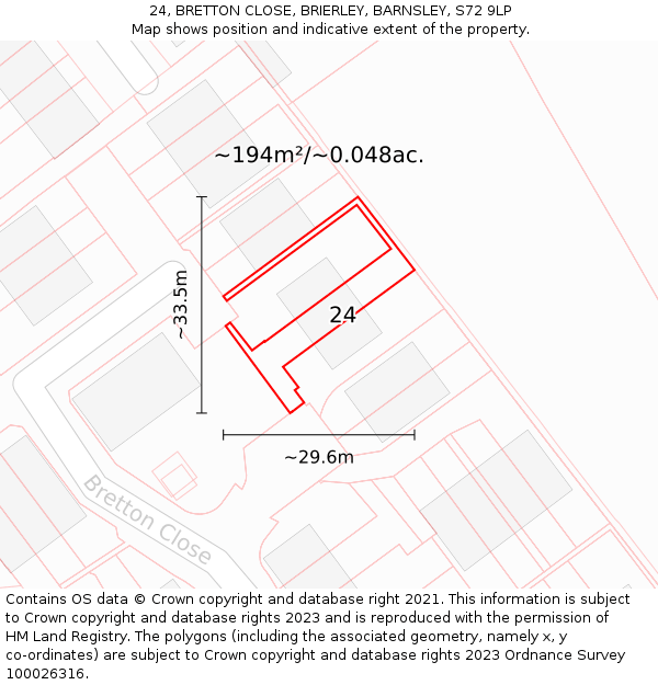 24, BRETTON CLOSE, BRIERLEY, BARNSLEY, S72 9LP: Plot and title map