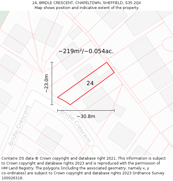 24, BRIDLE CRESCENT, CHAPELTOWN, SHEFFIELD, S35 2QX: Plot and title map