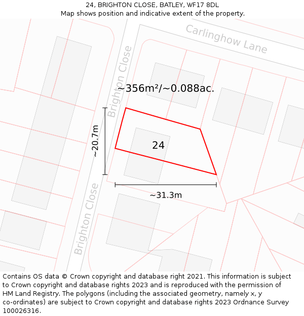 24, BRIGHTON CLOSE, BATLEY, WF17 8DL: Plot and title map