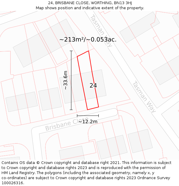 24, BRISBANE CLOSE, WORTHING, BN13 3HJ: Plot and title map