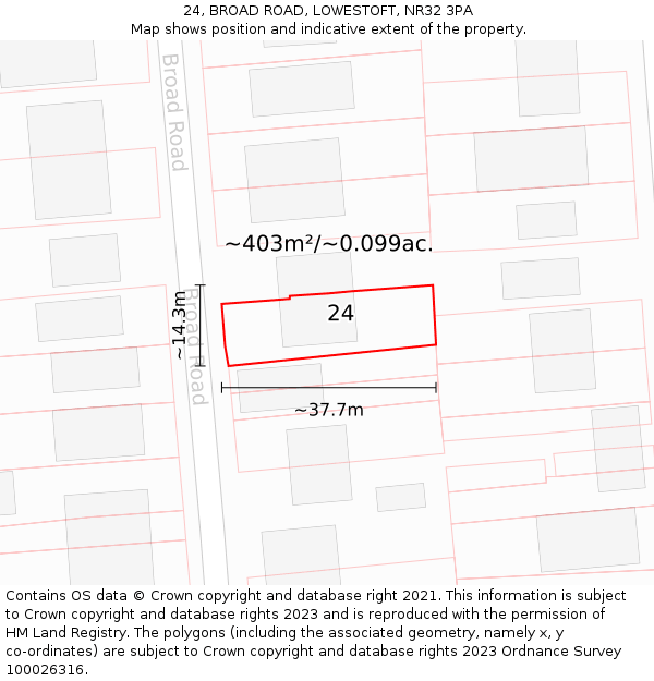 24, BROAD ROAD, LOWESTOFT, NR32 3PA: Plot and title map