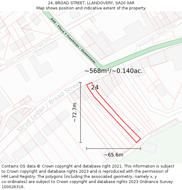 24, BROAD STREET, LLANDOVERY, SA20 0AR: Plot and title map