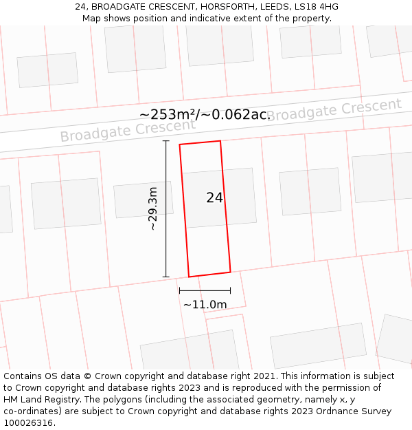 24, BROADGATE CRESCENT, HORSFORTH, LEEDS, LS18 4HG: Plot and title map