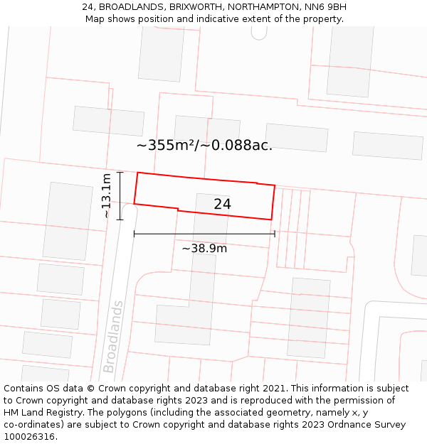 24, BROADLANDS, BRIXWORTH, NORTHAMPTON, NN6 9BH: Plot and title map