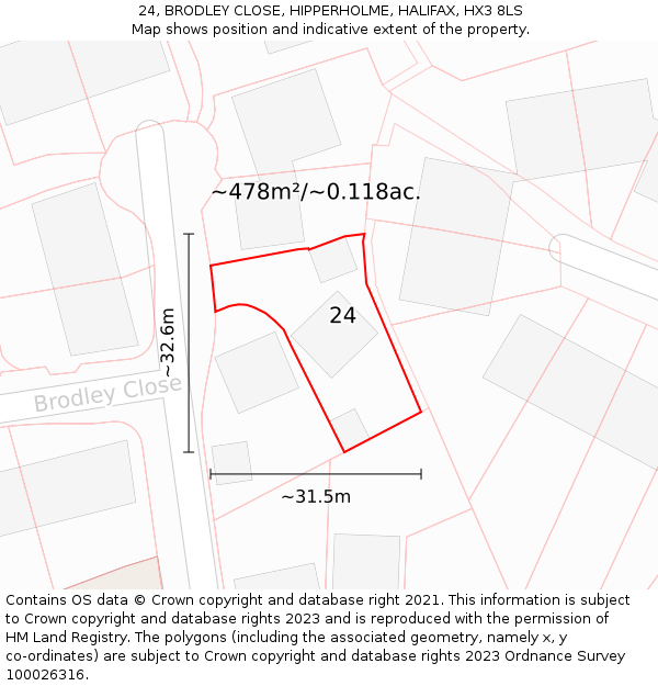 24, BRODLEY CLOSE, HIPPERHOLME, HALIFAX, HX3 8LS: Plot and title map