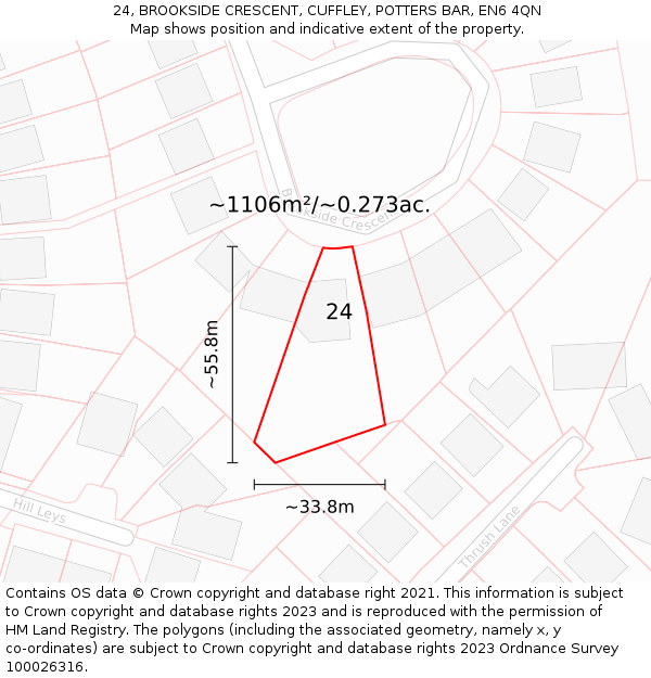 24, BROOKSIDE CRESCENT, CUFFLEY, POTTERS BAR, EN6 4QN: Plot and title map