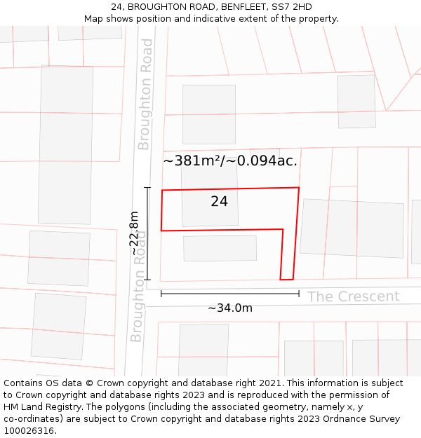 24, BROUGHTON ROAD, BENFLEET, SS7 2HD: Plot and title map