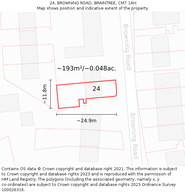 24, BROWNING ROAD, BRAINTREE, CM7 1AH: Plot and title map