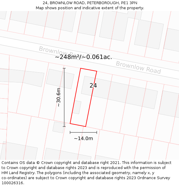 24, BROWNLOW ROAD, PETERBOROUGH, PE1 3PN: Plot and title map