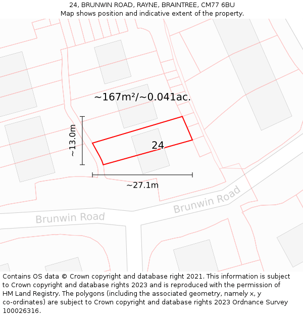 24, BRUNWIN ROAD, RAYNE, BRAINTREE, CM77 6BU: Plot and title map