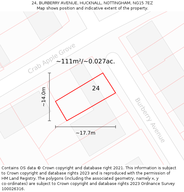 24, BURBERRY AVENUE, HUCKNALL, NOTTINGHAM, NG15 7EZ: Plot and title map