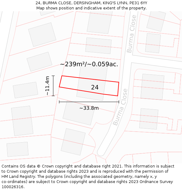 24, BURMA CLOSE, DERSINGHAM, KING'S LYNN, PE31 6YY: Plot and title map
