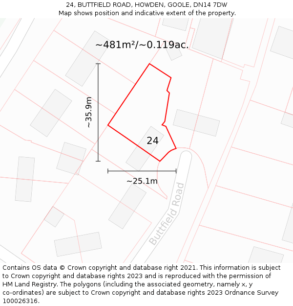 24, BUTTFIELD ROAD, HOWDEN, GOOLE, DN14 7DW: Plot and title map