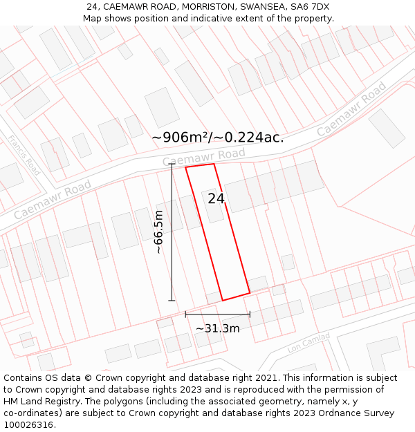 24, CAEMAWR ROAD, MORRISTON, SWANSEA, SA6 7DX: Plot and title map