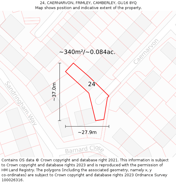 24, CAERNARVON, FRIMLEY, CAMBERLEY, GU16 8YQ: Plot and title map