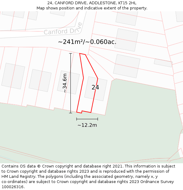 24, CANFORD DRIVE, ADDLESTONE, KT15 2HL: Plot and title map