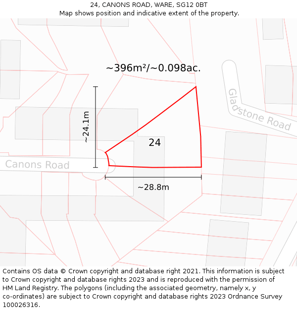 24, CANONS ROAD, WARE, SG12 0BT: Plot and title map