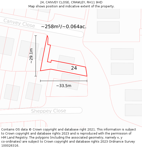 24, CANVEY CLOSE, CRAWLEY, RH11 9HD: Plot and title map