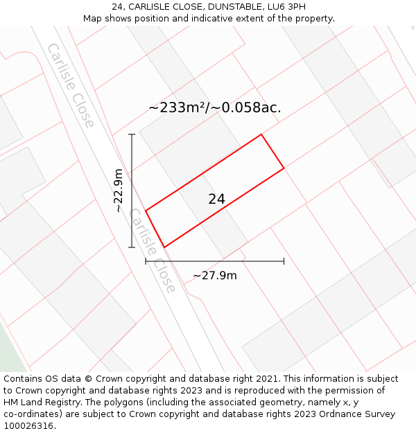 24, CARLISLE CLOSE, DUNSTABLE, LU6 3PH: Plot and title map