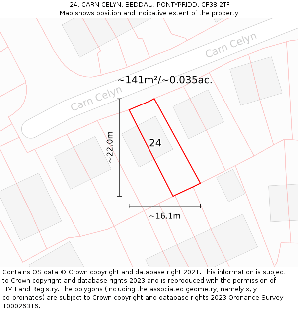 24, CARN CELYN, BEDDAU, PONTYPRIDD, CF38 2TF: Plot and title map
