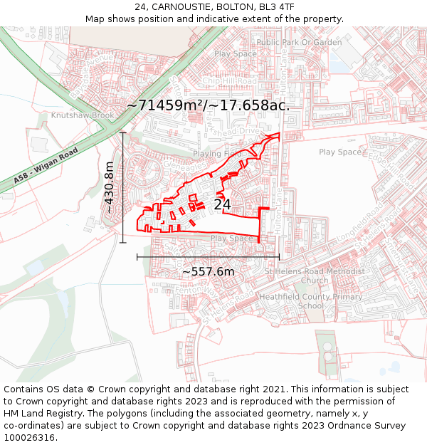 24, CARNOUSTIE, BOLTON, BL3 4TF: Plot and title map