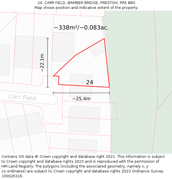 24, CARR FIELD, BAMBER BRIDGE, PRESTON, PR5 8BS: Plot and title map
