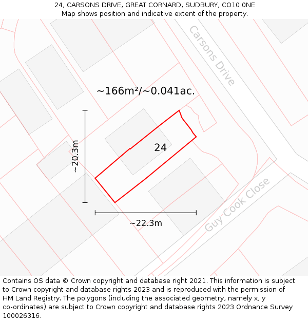 24, CARSONS DRIVE, GREAT CORNARD, SUDBURY, CO10 0NE: Plot and title map