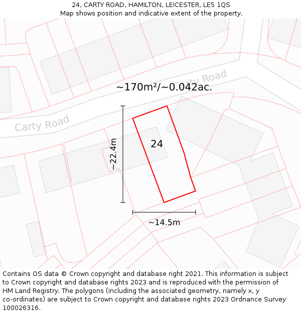 24, CARTY ROAD, HAMILTON, LEICESTER, LE5 1QS: Plot and title map