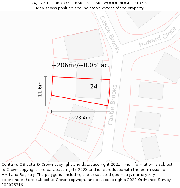 24, CASTLE BROOKS, FRAMLINGHAM, WOODBRIDGE, IP13 9SF: Plot and title map