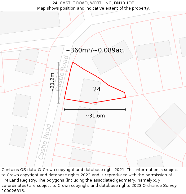 24, CASTLE ROAD, WORTHING, BN13 1DB: Plot and title map