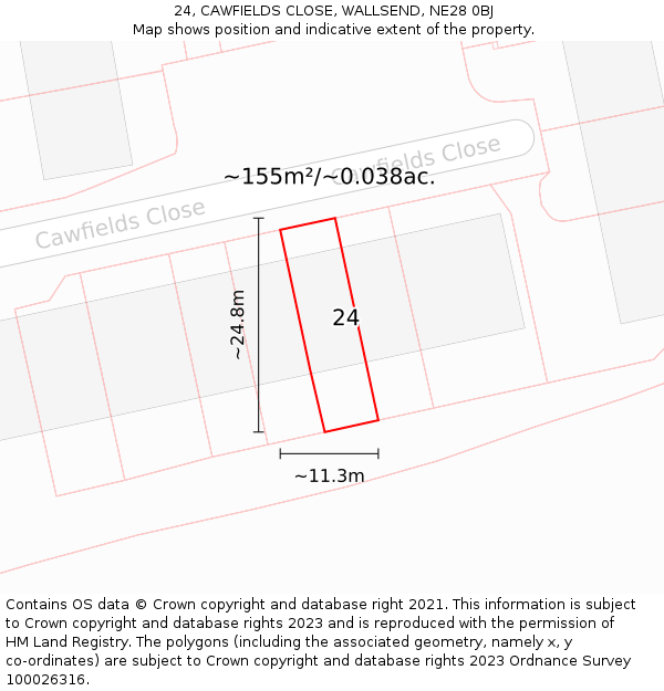 24, CAWFIELDS CLOSE, WALLSEND, NE28 0BJ: Plot and title map