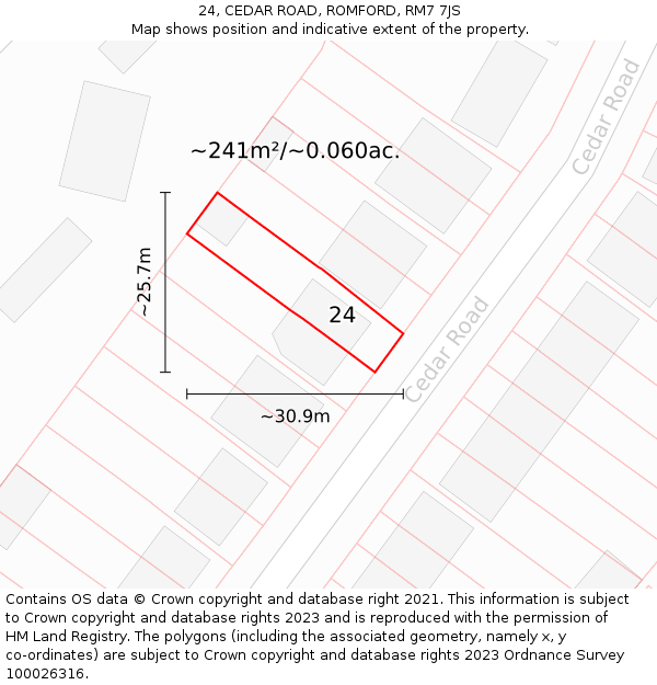 24, CEDAR ROAD, ROMFORD, RM7 7JS: Plot and title map