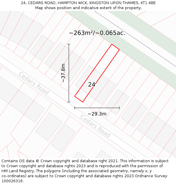 24, CEDARS ROAD, HAMPTON WICK, KINGSTON UPON THAMES, KT1 4BE: Plot and title map