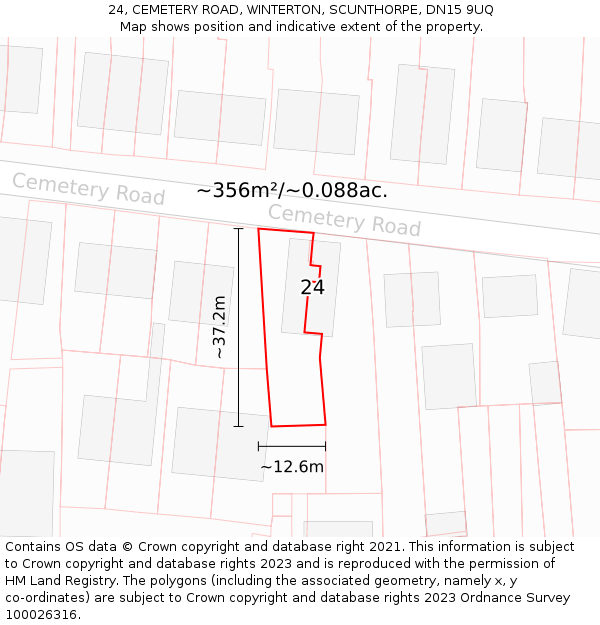 24, CEMETERY ROAD, WINTERTON, SCUNTHORPE, DN15 9UQ: Plot and title map