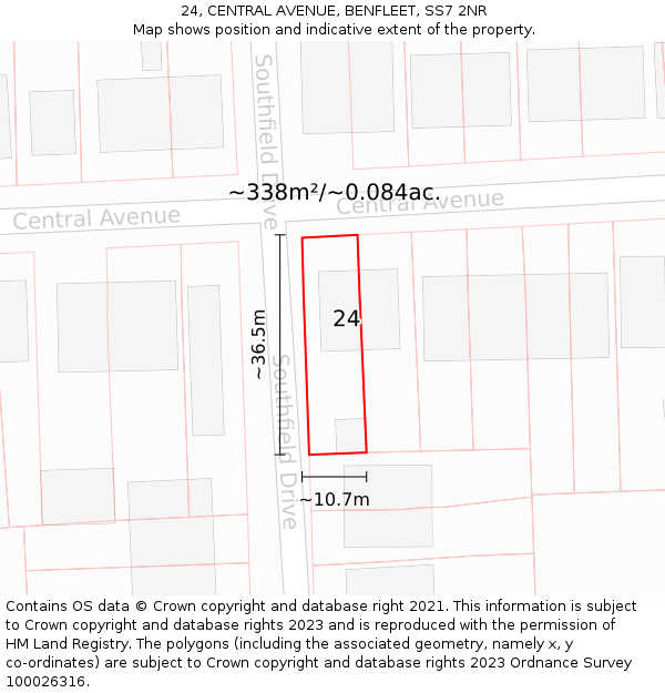 24, CENTRAL AVENUE, BENFLEET, SS7 2NR: Plot and title map