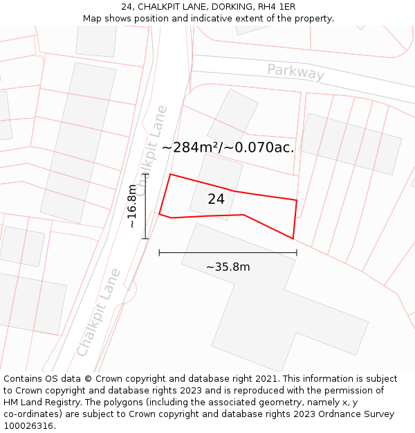 24, CHALKPIT LANE, DORKING, RH4 1ER: Plot and title map