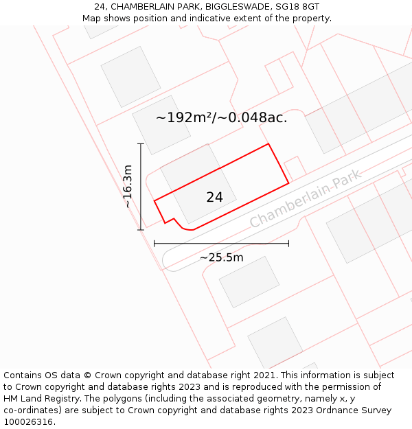 24, CHAMBERLAIN PARK, BIGGLESWADE, SG18 8GT: Plot and title map