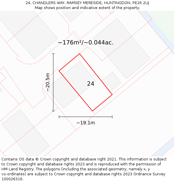 24, CHANDLERS WAY, RAMSEY MERESIDE, HUNTINGDON, PE26 2UJ: Plot and title map